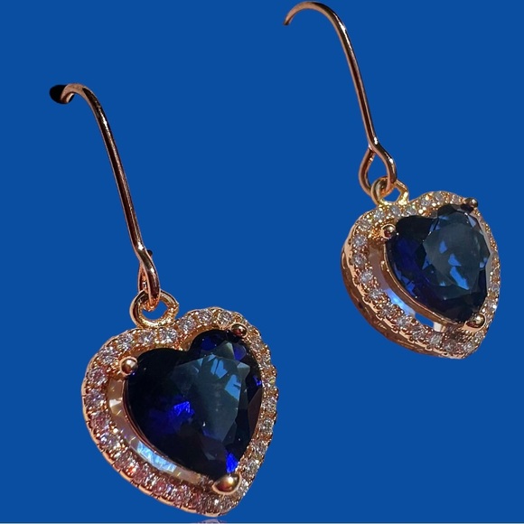 NEW Rose Gold Tone Simulated Sapphire & White Diamond Heart Dangle Earrings - Picture 8 of 8